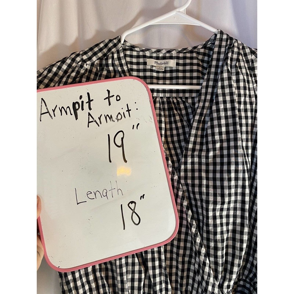 Madewell Top Womens Small Black White Checkered Short Sleeve Waist Tie V Neck - Picture 6 of 6